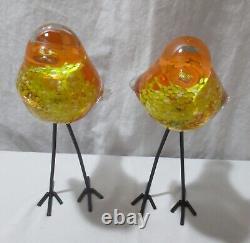 MCM Murano Style Hand-Blown Yellow Orange Glass Bird Figurine Tall Metal Legs