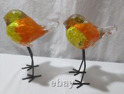 MCM Murano Style Hand-Blown Yellow Orange Glass Bird Figurine Tall Metal Legs