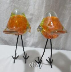 MCM Murano Style Hand-Blown Yellow Orange Glass Bird Figurine Tall Metal Legs