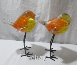 MCM Murano Style Hand-Blown Yellow Orange Glass Bird Figurine Tall Metal Legs