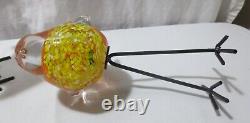 MCM Murano Style Hand-Blown Yellow Orange Glass Bird Figurine Tall Metal Legs