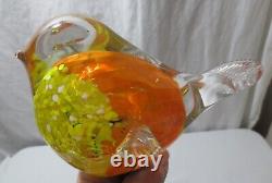 MCM Murano Style Hand-Blown Yellow Orange Glass Bird Figurine Tall Metal Legs