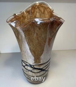 MCM Vintage Hand Blown Studio Art Murano  Handkerchief Vase Brown Tan Black