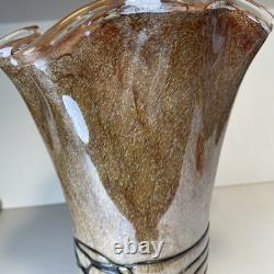 MCM Vintage Hand Blown Studio Art Murano  Handkerchief Vase Brown Tan Black