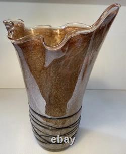 MCM Vintage Hand Blown Studio Art Murano  Handkerchief Vase Brown Tan Black