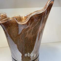 MCM Vintage Hand Blown Studio Art Murano  Handkerchief Vase Brown Tan Black