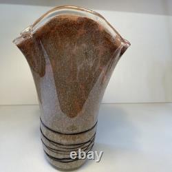 MCM Vintage Hand Blown Studio Art Murano  Handkerchief Vase Brown Tan Black