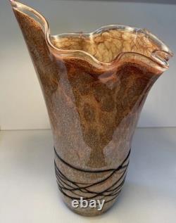 MCM Vintage Hand Blown Studio Art Murano  Handkerchief Vase Brown Tan Black