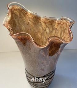 MCM Vintage Hand Blown Studio Art Murano  Handkerchief Vase Brown Tan Black