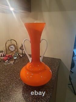 MID CENTURY MODERN ITALIAN ORANGE With WHITE HANDLES MURANO ART GLASS 14×7 1/2