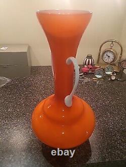 MID CENTURY MODERN ITALIAN ORANGE With WHITE HANDLES MURANO ART GLASS 14×7 1/2