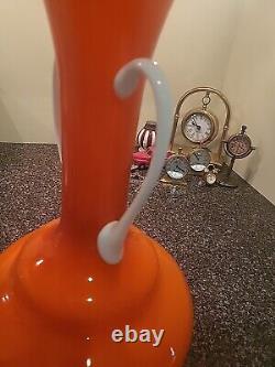 MID CENTURY MODERN ITALIAN ORANGE With WHITE HANDLES MURANO ART GLASS 14×7 1/2