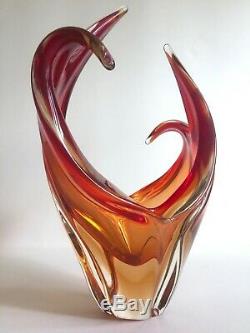 MID Century Modern Murano Art Glass Red Orange Flame Sculptural Centerpiece Bowl