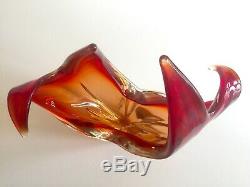 MID Century Modern Murano Art Glass Red Orange Flame Sculptural Centerpiece Bowl