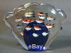 MURANO AQUARIUM SCULPTURE Art Glass 20 Fish, 8 Paperweight Statue Cobalt, Mint