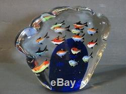 MURANO AQUARIUM SCULPTURE Art Glass 20 Fish, 8 Paperweight Statue Cobalt, Mint