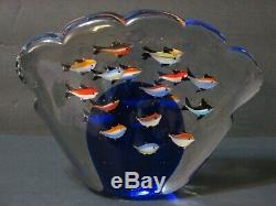 MURANO AQUARIUM SCULPTURE Art Glass 20 Fish, 8 Paperweight Statue Cobalt, Mint