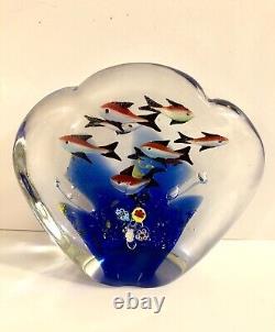 MURANO AQUARIUM SCULPTURE Art Glass 8 Fish Paperweight Cobalt Coral Millefiori