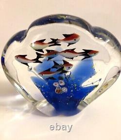 MURANO AQUARIUM SCULPTURE Art Glass 8 Fish Paperweight Cobalt Coral Millefiori