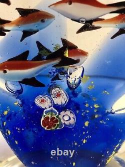 MURANO AQUARIUM SCULPTURE Art Glass 8 Fish Paperweight Cobalt Coral Millefiori