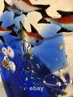 MURANO AQUARIUM SCULPTURE Art Glass 8 Fish Paperweight Cobalt Coral Millefiori