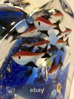 MURANO AQUARIUM SCULPTURE Art Glass 8 Fish Paperweight Cobalt Coral Millefiori