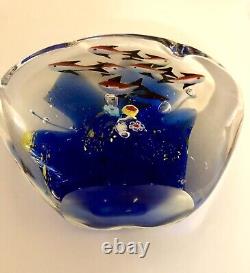 MURANO AQUARIUM SCULPTURE Art Glass 8 Fish Paperweight Cobalt Coral Millefiori