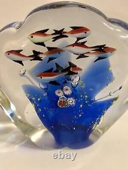 MURANO AQUARIUM SCULPTURE Art Glass 8 Fish Paperweight Cobalt Coral Millefiori