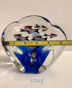 MURANO AQUARIUM SCULPTURE Art Glass 8 Fish Paperweight Cobalt Coral Millefiori