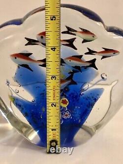 MURANO AQUARIUM SCULPTURE Art Glass 8 Fish Paperweight Cobalt Coral Millefiori