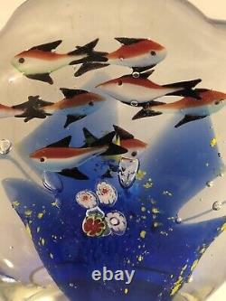 MURANO AQUARIUM SCULPTURE Art Glass 8 Fish Paperweight Cobalt Coral Millefiori