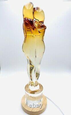 MURANO ART GLASS LOVERS EMBRACED COUPLE VINTAGE AMBER /CLEAR GLASS WithBase Light