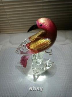 MURANO FORMIASIGNED#42/100 GLASS BIRD PURPLE, RED w GOLD FLAKS RARE FIGURINE