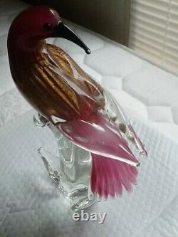 MURANO FORMIASIGNED#42/100 GLASS BIRD PURPLE, RED w GOLD FLAKS RARE FIGURINE