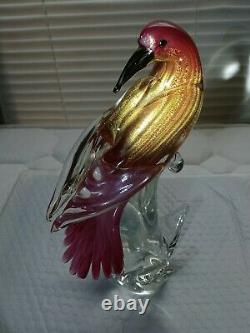 MURANO FORMIASIGNED#42/100 GLASS BIRD PURPLE, RED w GOLD FLAKS RARE FIGURINE