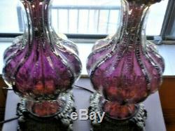 MURANO GLASS PAIR AMETHYST-SILVER Barovier & Toso Lamps Italy HAND BLOWN RARE