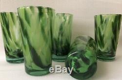 MURANO Green Swirl Heavy Drinking Glasses (6) Hand Blown Italian Art Glass 12oz