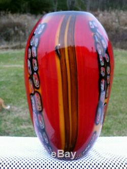 MURANO Hand Blown Art Glass Red-Black Millefiori Vase 12.75H x 7W Beautiful