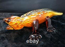 MURANO Italian Art Glass Alligator Gecko Lizard Figurine 12 Amber Green Spots