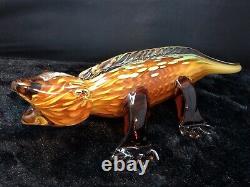 MURANO Italian Art Glass Alligator Gecko Lizard Figurine 12 Amber Green Spots