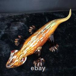 MURANO Italian Art Glass Alligator Gecko Lizard Figurine 12 Amber Green Spots