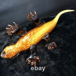 MURANO Italian Art Glass Alligator Gecko Lizard Figurine 12 Amber Green Spots