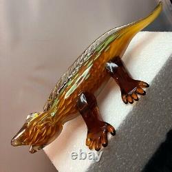 MURANO Italian Art Glass Alligator Gecko Lizard Figurine 12 Amber Green Spots