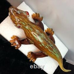 MURANO Italian Art Glass Alligator Gecko Lizard Figurine 12 Amber Green Spots