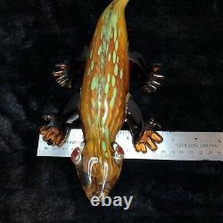 MURANO Italian Art Glass Alligator Gecko Lizard Figurine 12 Amber Green Spots