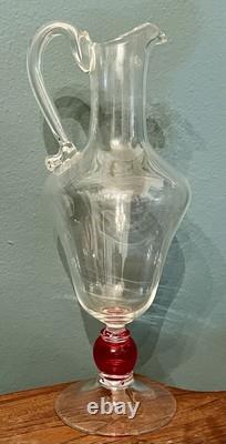MURANO Pitcher Hand Blown Clear & Cranberry Glass Signed By ALFREDO BARBINI