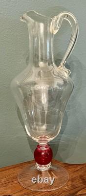 MURANO Pitcher Hand Blown Clear & Cranberry Glass Signed By ALFREDO BARBINI