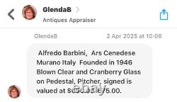 MURANO Pitcher Hand Blown Clear & Cranberry Glass Signed By ALFREDO BARBINI