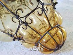 MURANO SEGUSO NICE caged lantern pendant light chandelier amber hand blown 60's