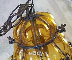 MURANO SEGUSO NICE caged lantern pendant light chandelier amber hand blown 60's